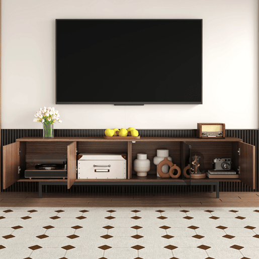 Móvel de TV 200cm de mdf e painel de partículas com 4 portas e luz led,noz