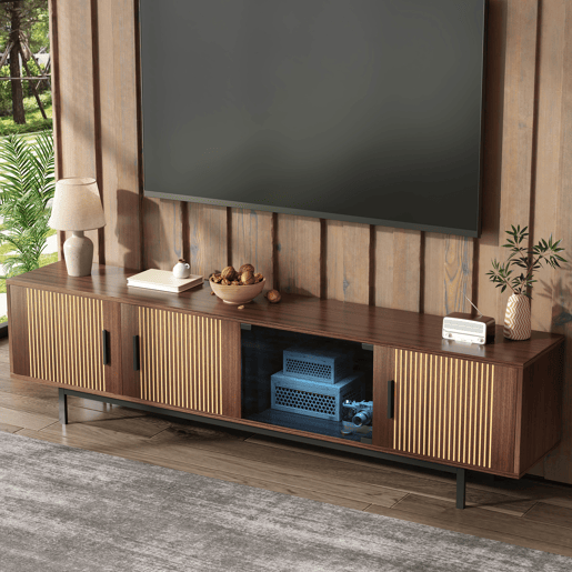 Móvel de TV 200cm de mdf e painel de partículas com 4 portas e luz led,noz