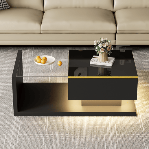 Mesa de centro retangular de painel de partículas com 1 porta giratória e luz led,preto
