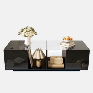 Mesa de centro retangular de painel de partículas com 2 portas giratórias e luz led,preto