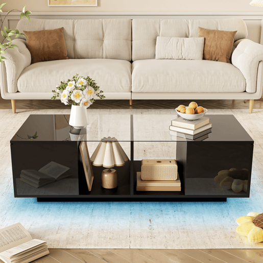 Mesa de centro retangular de painel de partículas com 2 portas giratórias e luz led,preto