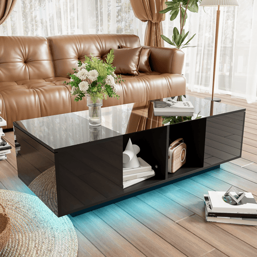 Mesa de centro retangular de painel de partículas com 2 portas giratórias e luz led,preto
