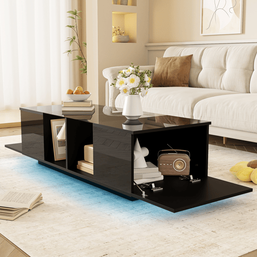 Mesa de centro retangular de painel de partículas com 2 portas giratórias e luz led,preto