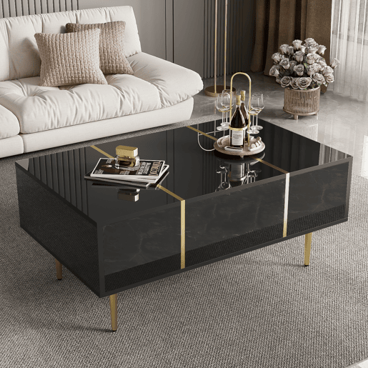 Mesa de centro retangular de mdf com 2 gavetas,preto