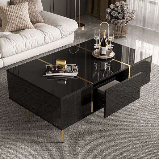 Mesa de centro retangular de mdf com 2 gavetas,preto