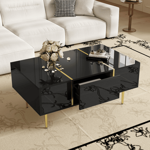 Mesa de centro retangular de mdf com 2 gavetas,preto