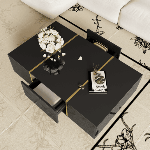 Mesa de centro retangular de mdf com 2 gavetas,preto
