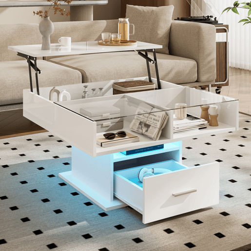 Mesa de centro elevável quadrada de painel de partículas com 1 gaveta e luz led,branco