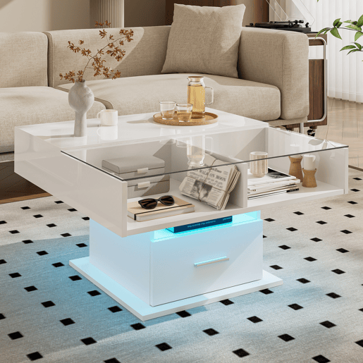 Mesa de centro elevável quadrada de painel de partículas com 1 gaveta e luz led,branco