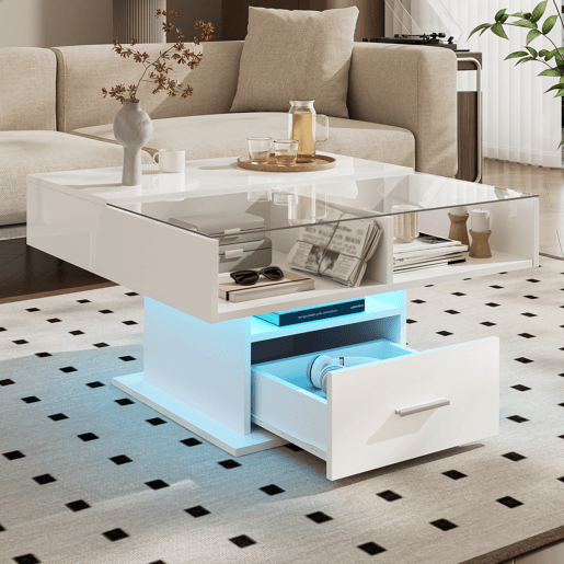 Mesa de centro elevável quadrada de painel de partículas com 1 gaveta e luz led,branco