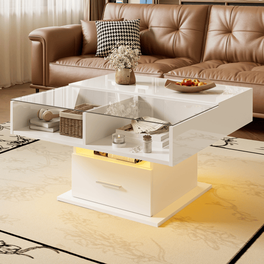 Mesa de centro elevável quadrada de painel de partículas com 1 gaveta e luz led,branco