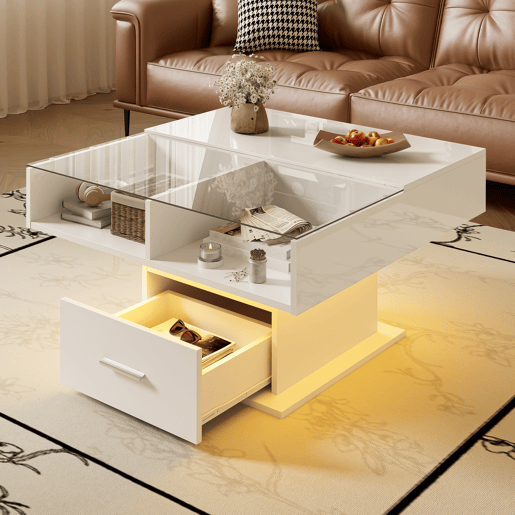 Mesa de centro elevável quadrada de painel de partículas com 1 gaveta e luz led,branco