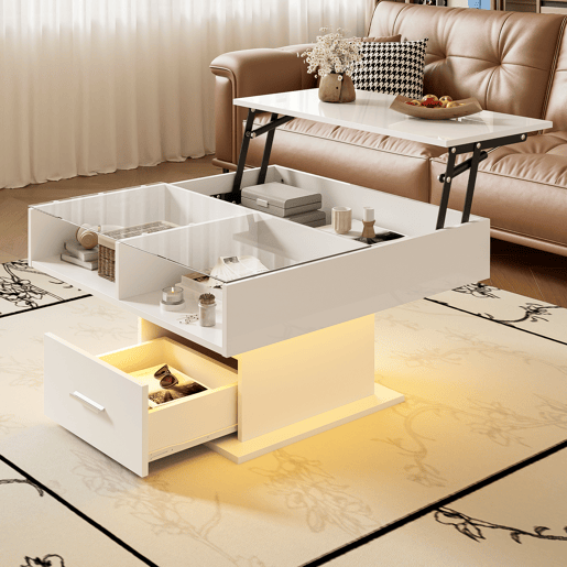 Mesa de centro elevável quadrada de painel de partículas com 1 gaveta e luz led,branco