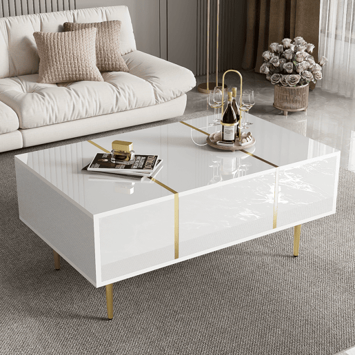 Mesa de centro retangular de mdf com 2 gavetas,branco