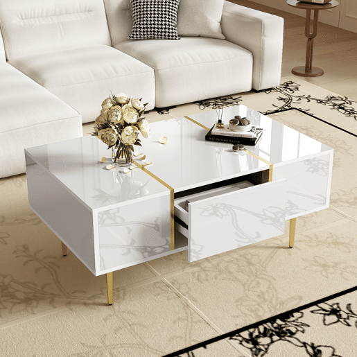 Mesa de centro retangular de mdf com 2 gavetas,branco