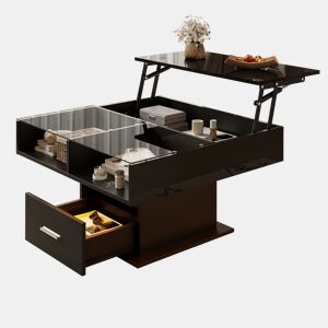 Mesa de centro elevável quadrada de painel de partículas com 1 gaveta e luz led,preto