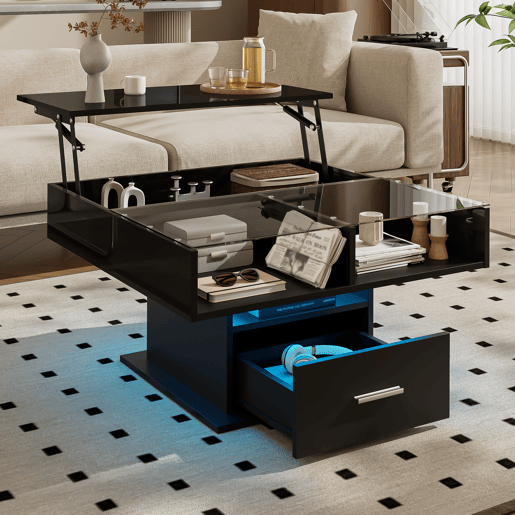 Mesa de centro elevável quadrada de painel de partículas com 1 gaveta e luz led,preto