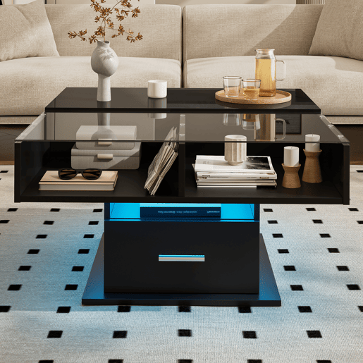 Mesa de centro elevável quadrada de painel de partículas com 1 gaveta e luz led,preto