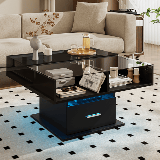 Mesa de centro elevável quadrada de painel de partículas com 1 gaveta e luz led,preto