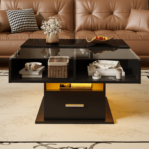 Mesa de centro elevável quadrada de painel de partículas com 1 gaveta e luz led,preto