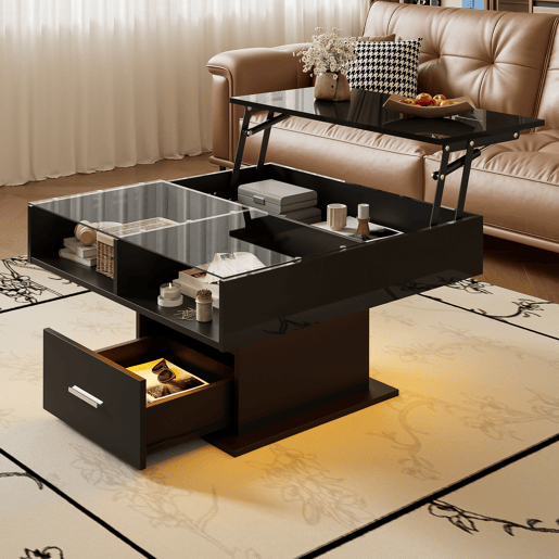 Mesa de centro elevável quadrada de painel de partículas com 1 gaveta e luz led,preto