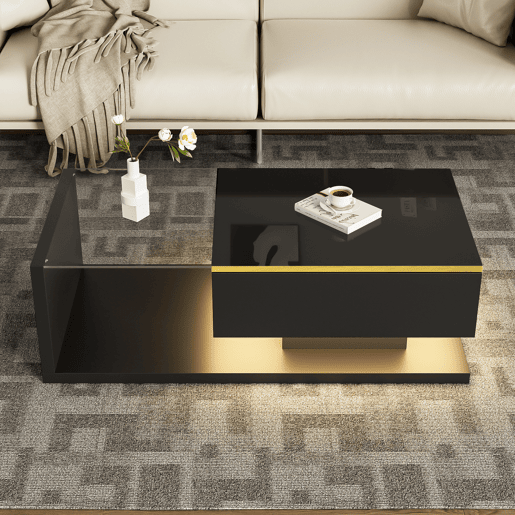 Mesa de centro retangular de painel de partículas com 1 porta giratória e luz led,preto