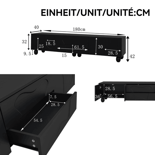 Móvel de TV 180cm de painel de partículas com 4 portas e 2 gavetas,preto