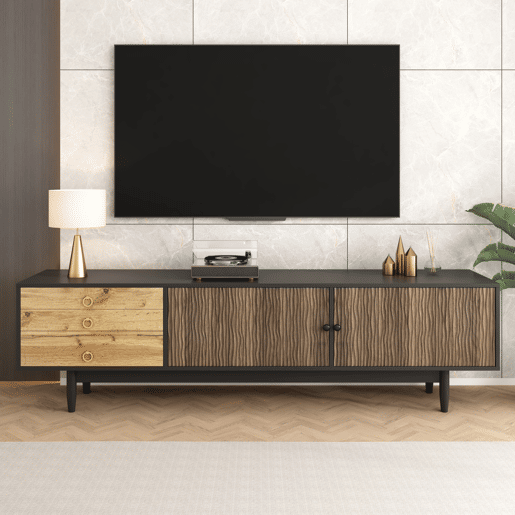 Móvel de TV 180cm de mdf e painel de partículas com 2 portas e 3 gavetas,preto+natural