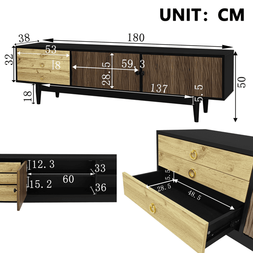 Móvel de TV 180cm de mdf e painel de partículas com 2 portas e 3 gavetas,preto+natural