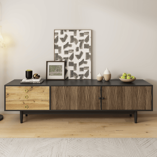 Móvel de TV 180cm de mdf e painel de partículas com 2 portas e 3 gavetas,preto+natural