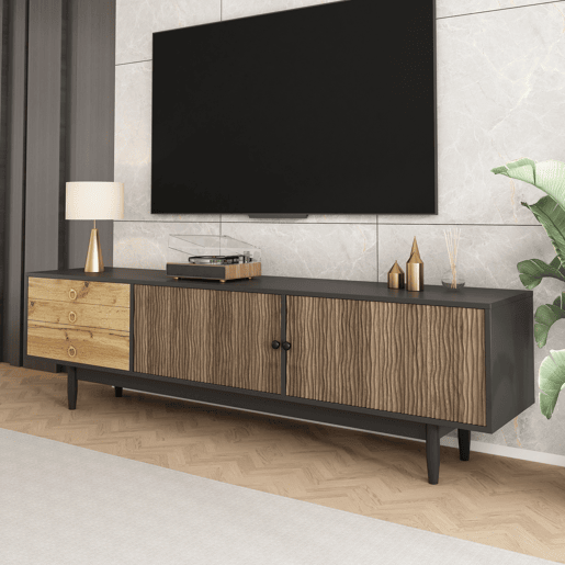 Móvel de TV 180cm de mdf e painel de partículas com 2 portas e 3 gavetas,preto+natural