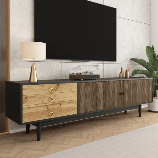 Móvel de TV 180cm de mdf e painel de partículas com 2 portas e 3 gavetas,preto+natural