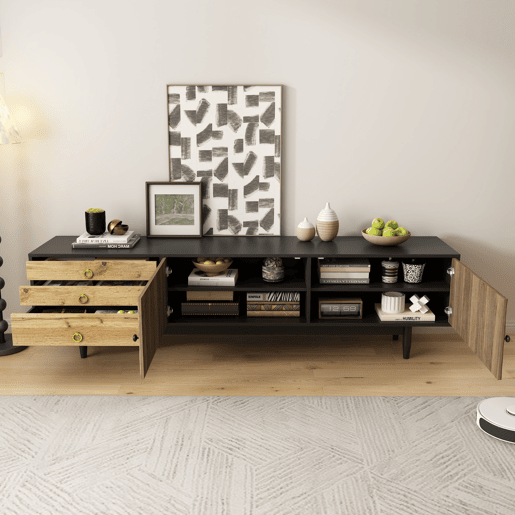 Móvel de TV 180cm de mdf e painel de partículas com 2 portas e 3 gavetas,preto+natural