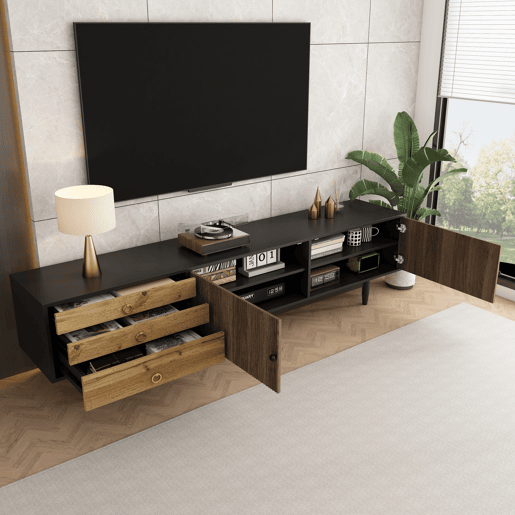 Móvel de TV 180cm de mdf e painel de partículas com 2 portas e 3 gavetas,preto+natural