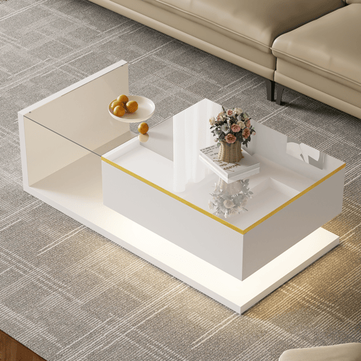 Mesa de centro retangular de painel de partículas com 1 porta giratória e luz led,branco Mesa de centro retangular de painel de partículas com 1 porta giratória e luz led,branco