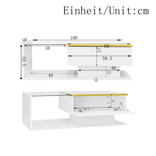 Mesa de centro retangular de painel de partículas com 1 porta giratória e luz led,branco Mesa de centro retangular de painel de partículas com 1 porta giratória e luz led,branco