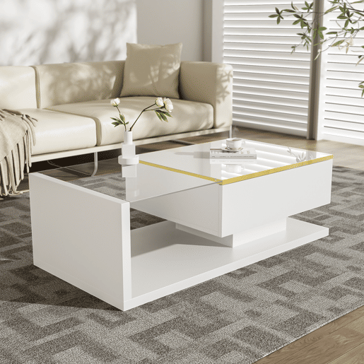 Mesa de centro retangular de painel de partículas com 1 porta giratória e luz led,branco Mesa de centro retangular de painel de partículas com 1 porta giratória e luz led,branco