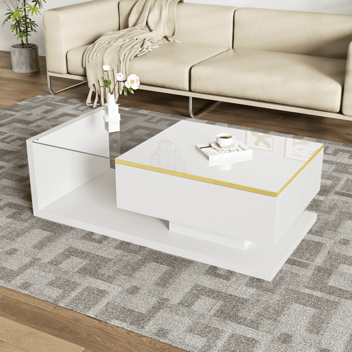 Mesa de centro retangular de painel de partículas com 1 porta giratória e luz led,branco Mesa de centro retangular de painel de partículas com 1 porta giratória e luz led,branco
