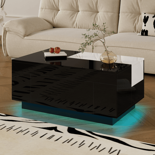 Mesa de centro retangular de mdf com 1 gaveta e luz led,preto Mesa de centro retangular de mdf com 1 gaveta e luz led,preto