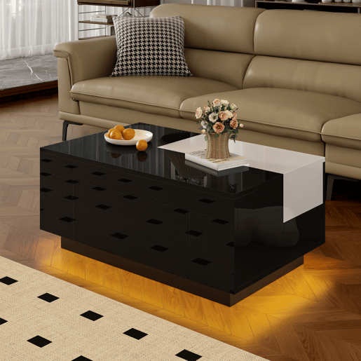 Mesa de centro retangular de mdf com 1 gaveta e luz led,preto Mesa de centro retangular de mdf com 1 gaveta e luz led,preto