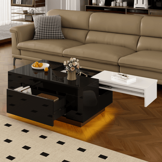 Mesa de centro retangular de mdf com 1 gaveta e luz led,preto Mesa de centro retangular de mdf com 1 gaveta e luz led,preto