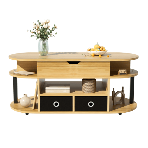 Mesa de centro elevável oval de painel de partículas com 2 gavetas,natural+preto