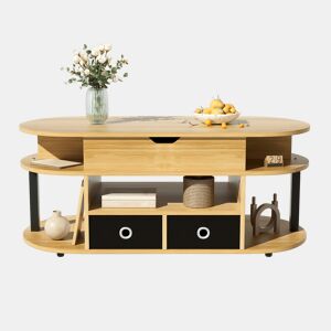 Mesa de centro elevável oval de painel de partículas com 2 gavetas,natural+preto