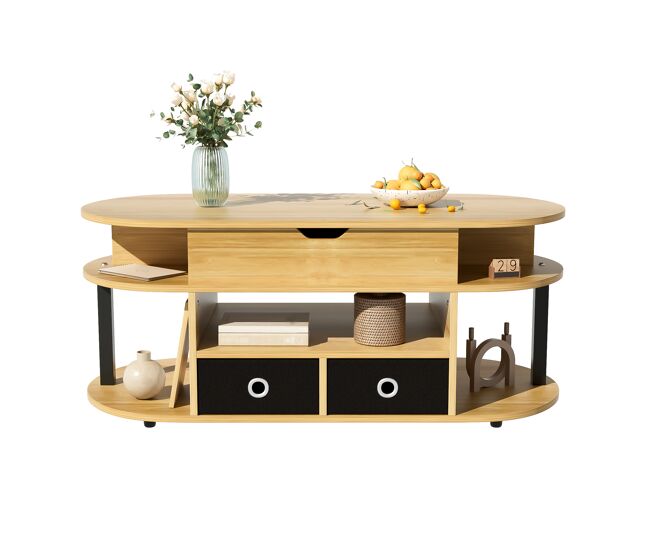 Mesa de centro elevable oval de panel de partículas con 2 cajones,natural+negro