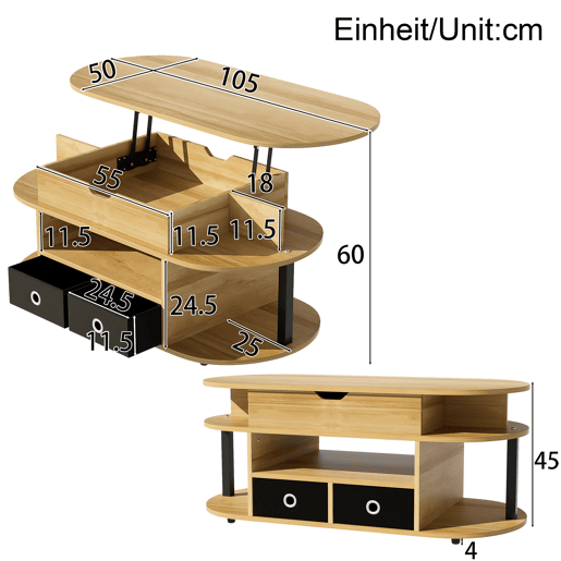Mesa de centro elevável oval de painel de partículas com 2 gavetas,natural+preto
