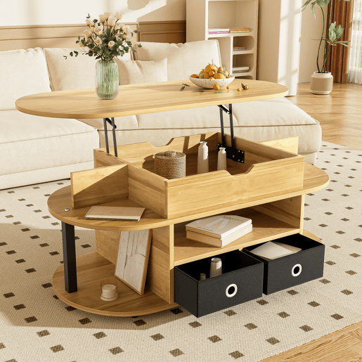 Mesa de centro elevável oval de painel de partículas com 2 gavetas,natural+preto