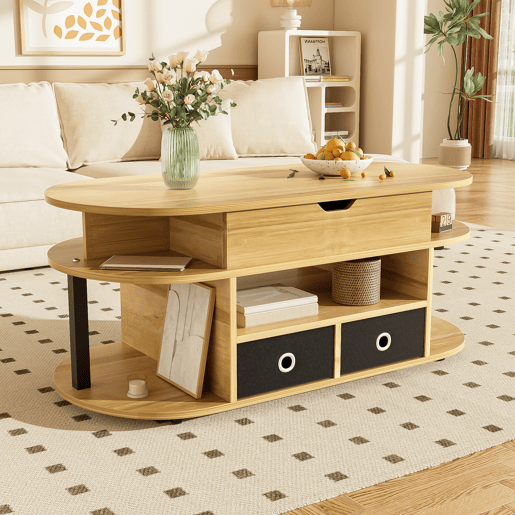 Mesa de centro elevável oval de painel de partículas com 2 gavetas,natural+preto