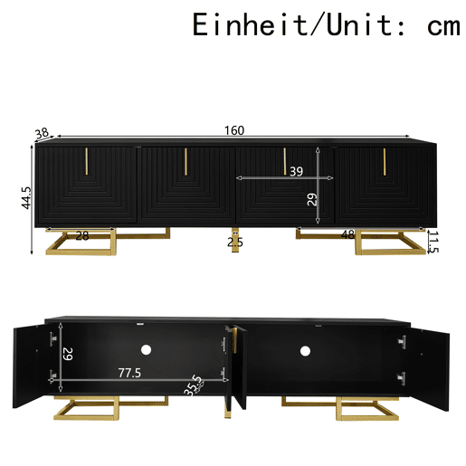 Móvel de TV 160cm de painel de partículas com 4 portas,preto+dourado