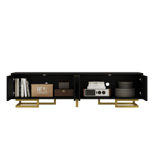 Móvel de TV 160cm de painel de partículas com 4 portas,preto+dourado