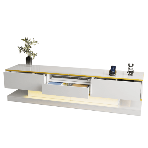Móvel de TV 180cm de painel de partículas com 3 gavetas e luz led,branco+dourado
